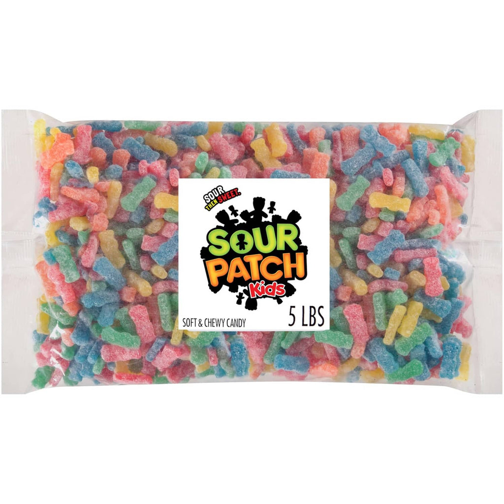 SOUR PATCH KIDS assorted sour gummy candy in bulk bag, colorful chewy pieces inside
