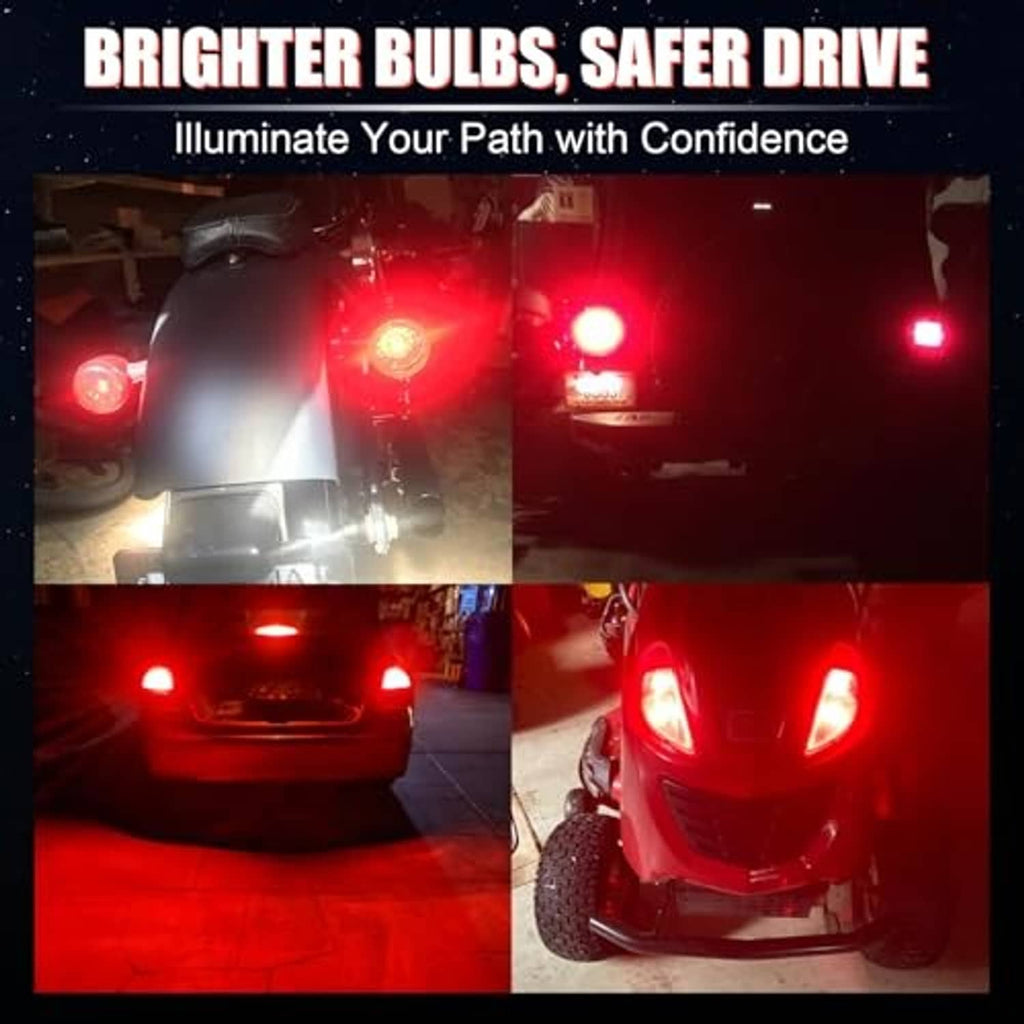 Vehicle rear brake lights illuminated red in a four-panel view of bright LED bulbs