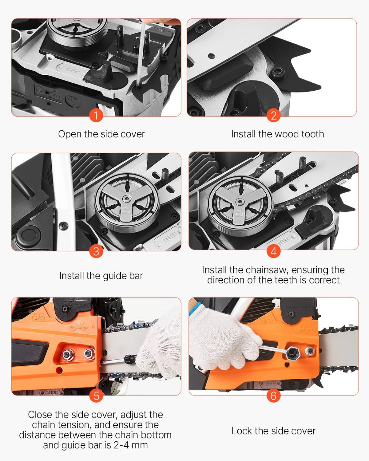 Chainsaw bar and chain installation steps with orange and black housing