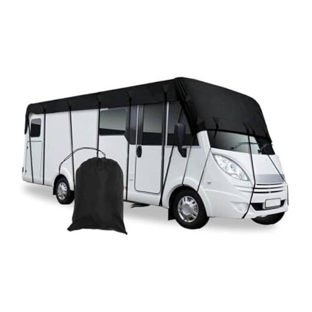 Black Oxford camper cover over motorhome front and roof, with side straps