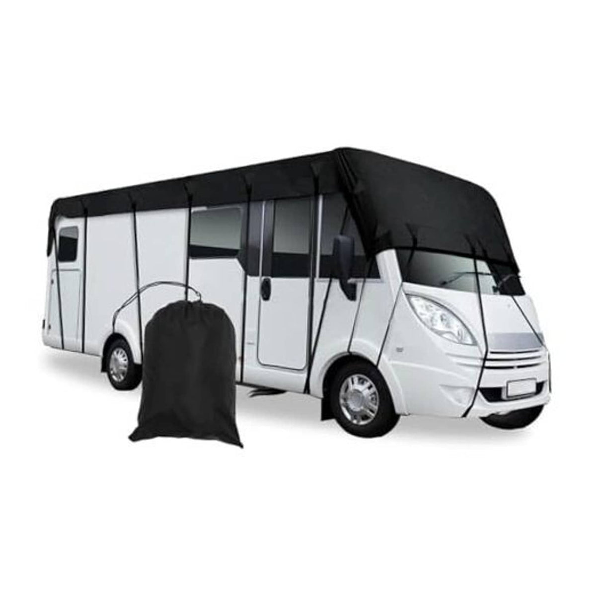 Black Oxford camper cover over motorhome front and roof, with side straps