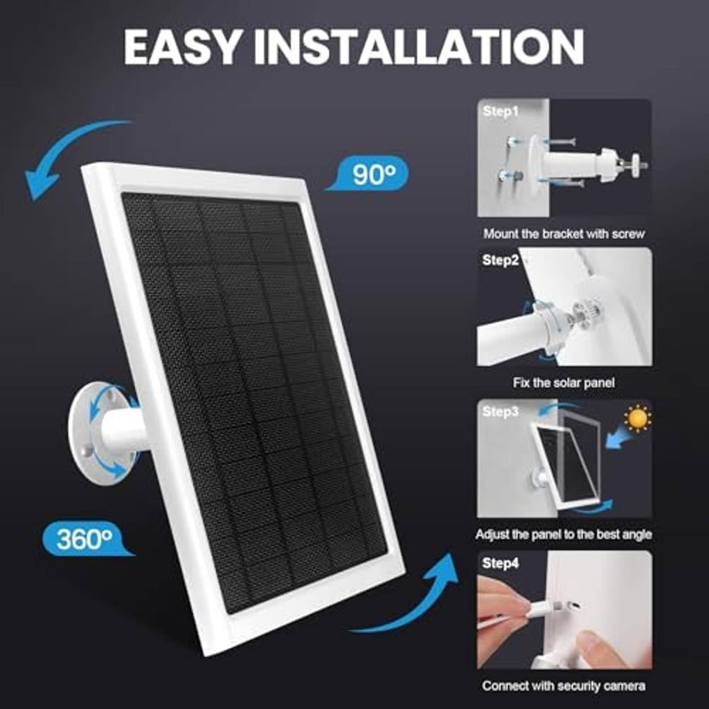 White solar panel with black grid and adjustable mounting bracket for ring camera
