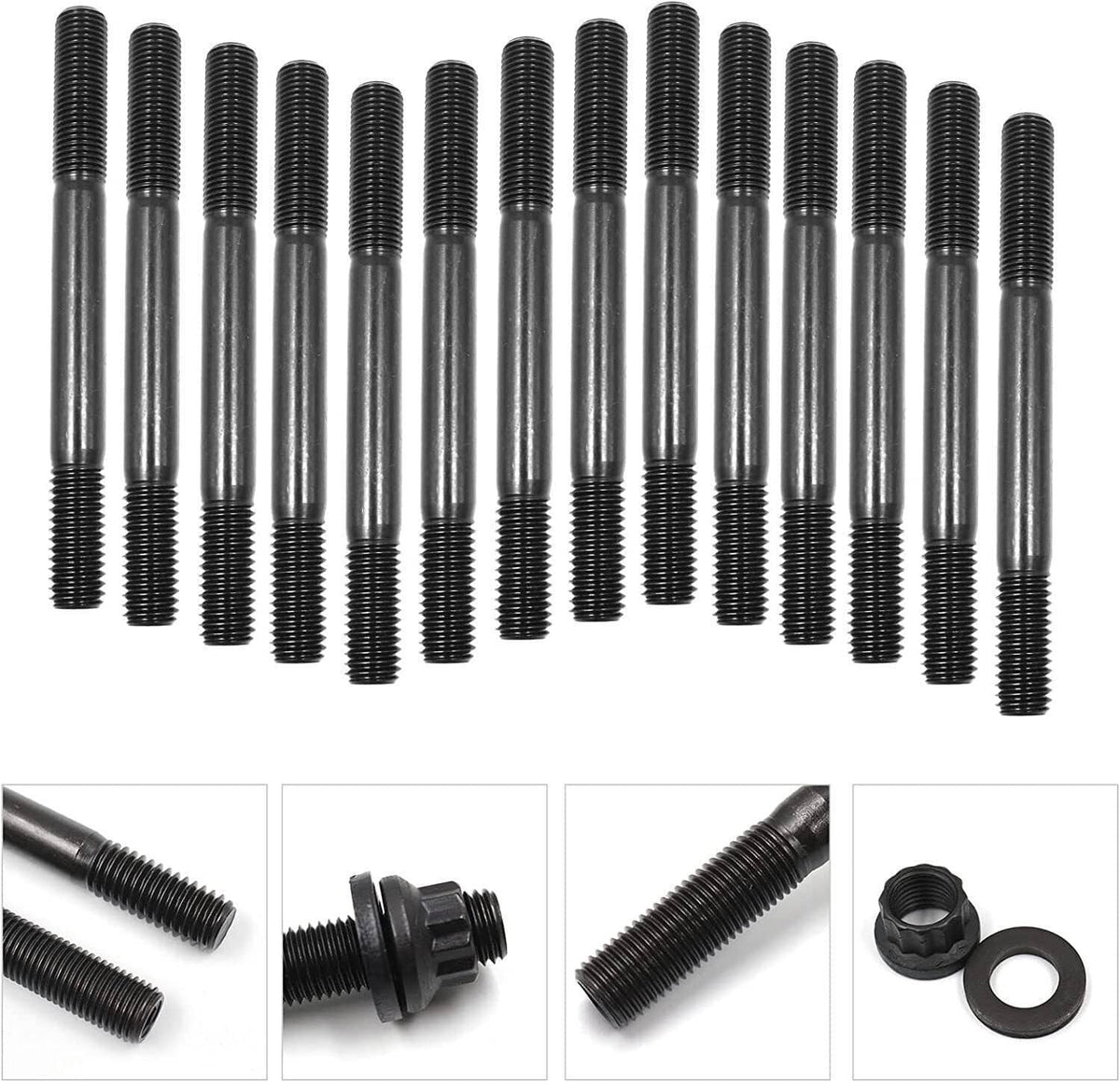 Set of black cylinder head studs with threaded shanks and polished tips