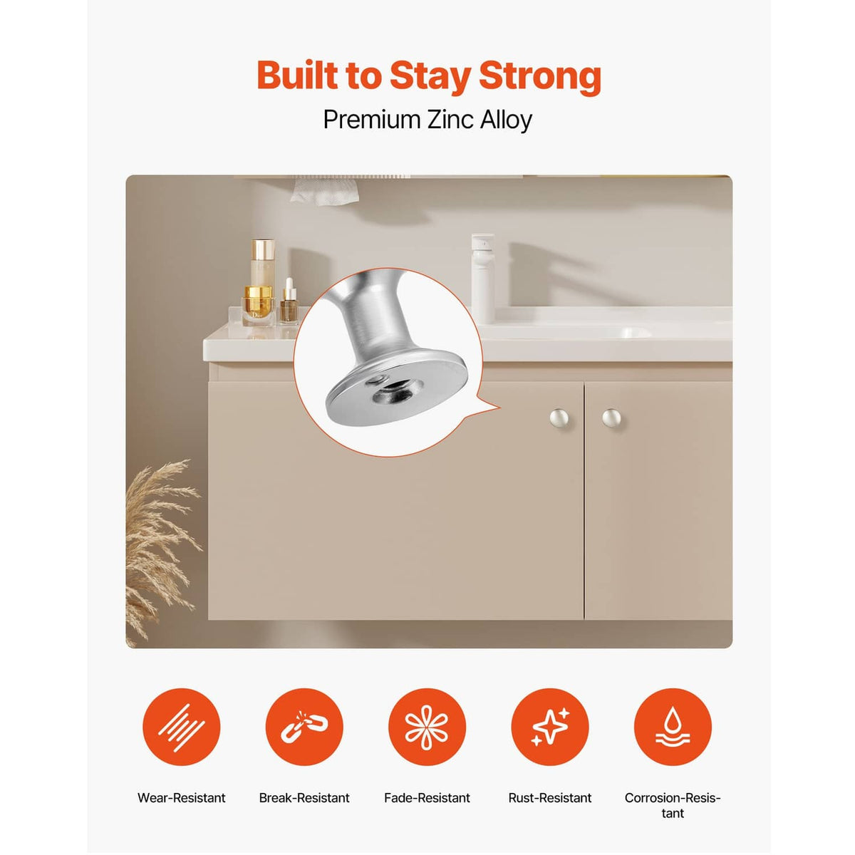 Mushroom cabinet knob close-up with brushed zinc alloy oval top and short pedestal base