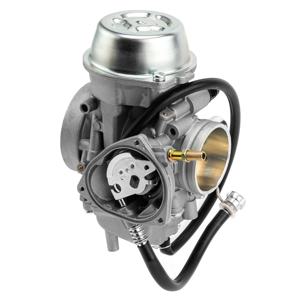 Carburetor with air filter cap and fuel line fitting, metal body assembly