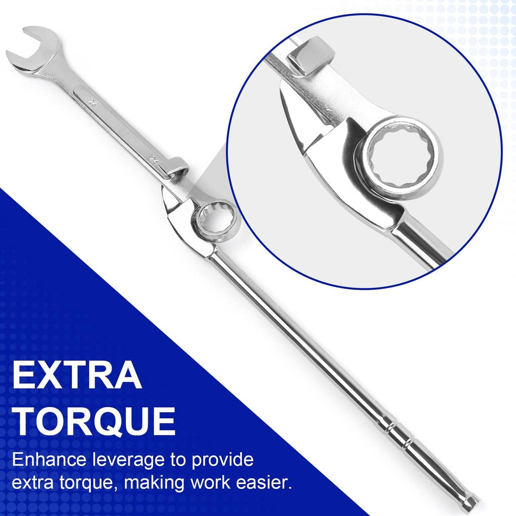 Silver wrench extender with open wrench head and close-up ring-shaped drive end