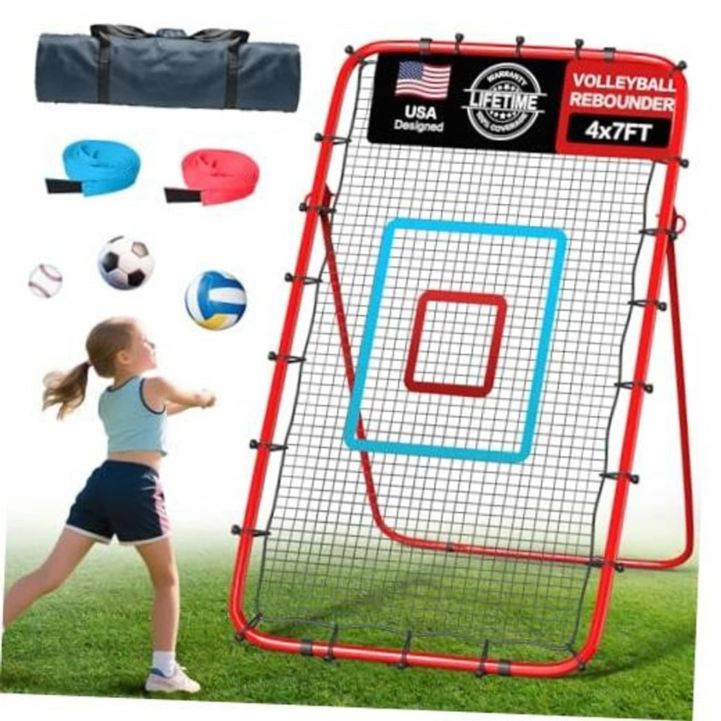 Red and black volleyball rebounder net with blue and red target panels, plus carry bag