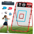 Red and black volleyball rebounder net with blue and red target panels, plus carry bag