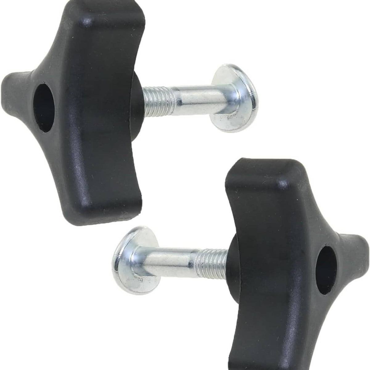 Set of black plastic mower handle bolts with silver screws, top view