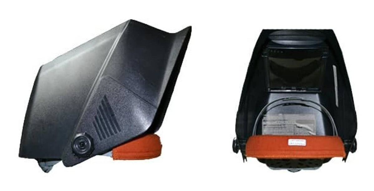 Welding helmet sweatband pad in orange-brown, shown on helmet