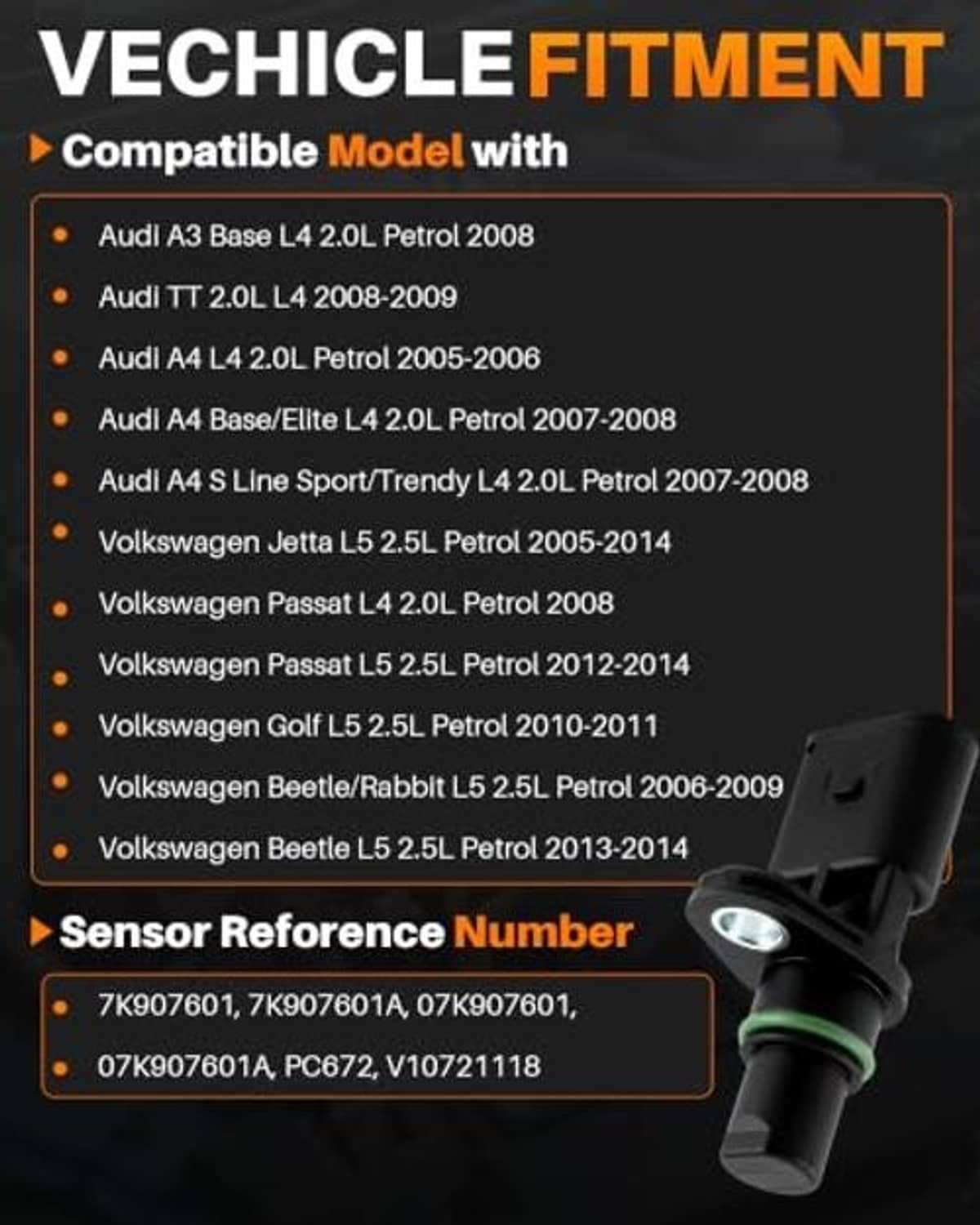 Black engine camshaft position sensor with green O-ring and electrical connector