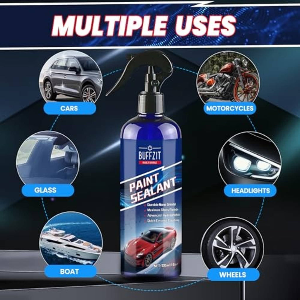 Paint sealant spray bottle on multi-use graphic for cars, motorcycles, glass, headlights, wheels