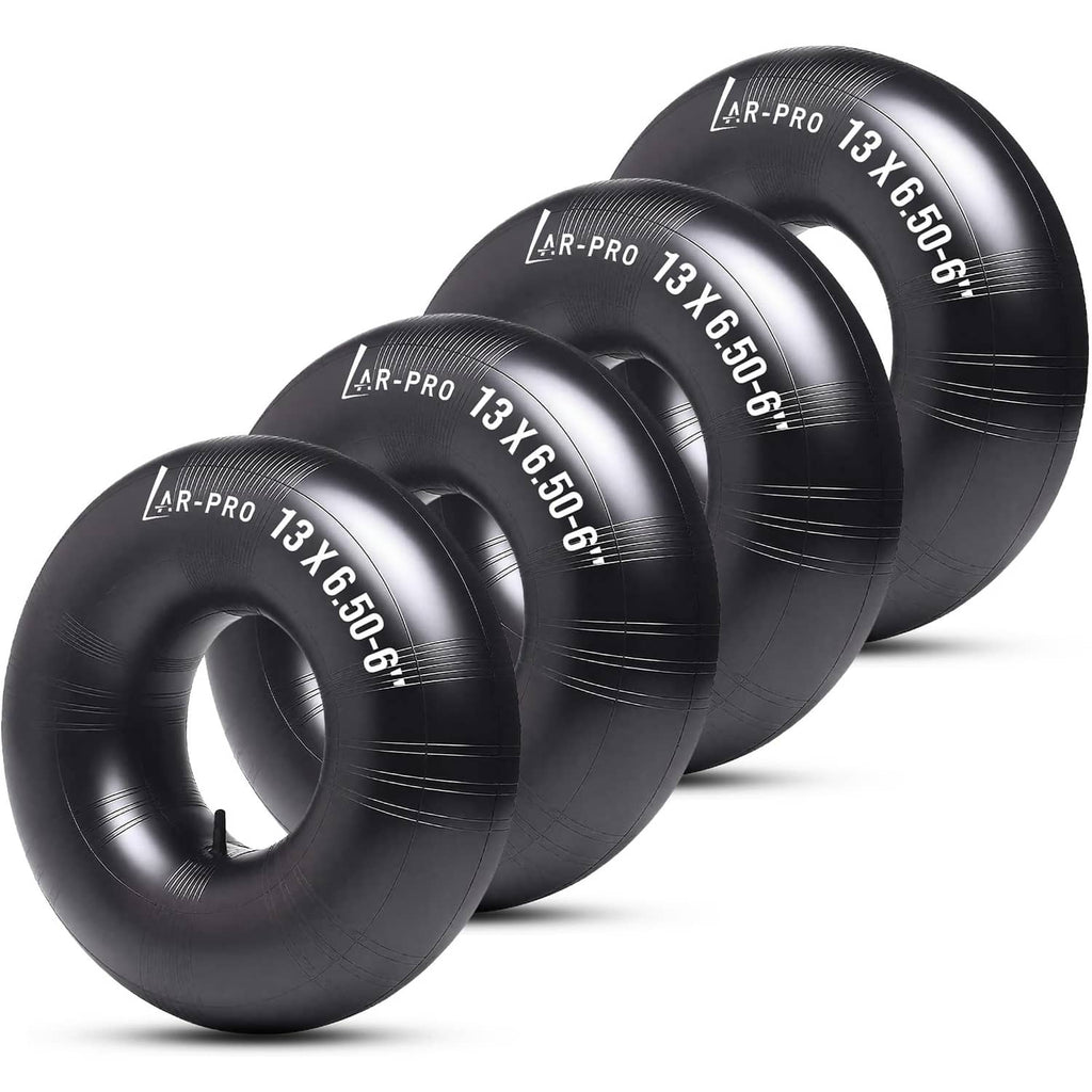 Four black 13x6.50-6 inner tubes with AR-PRO TR-13 straight valves