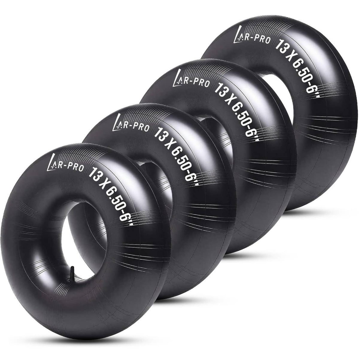Four black 13x6.50-6 inner tubes with AR-PRO TR-13 straight valves