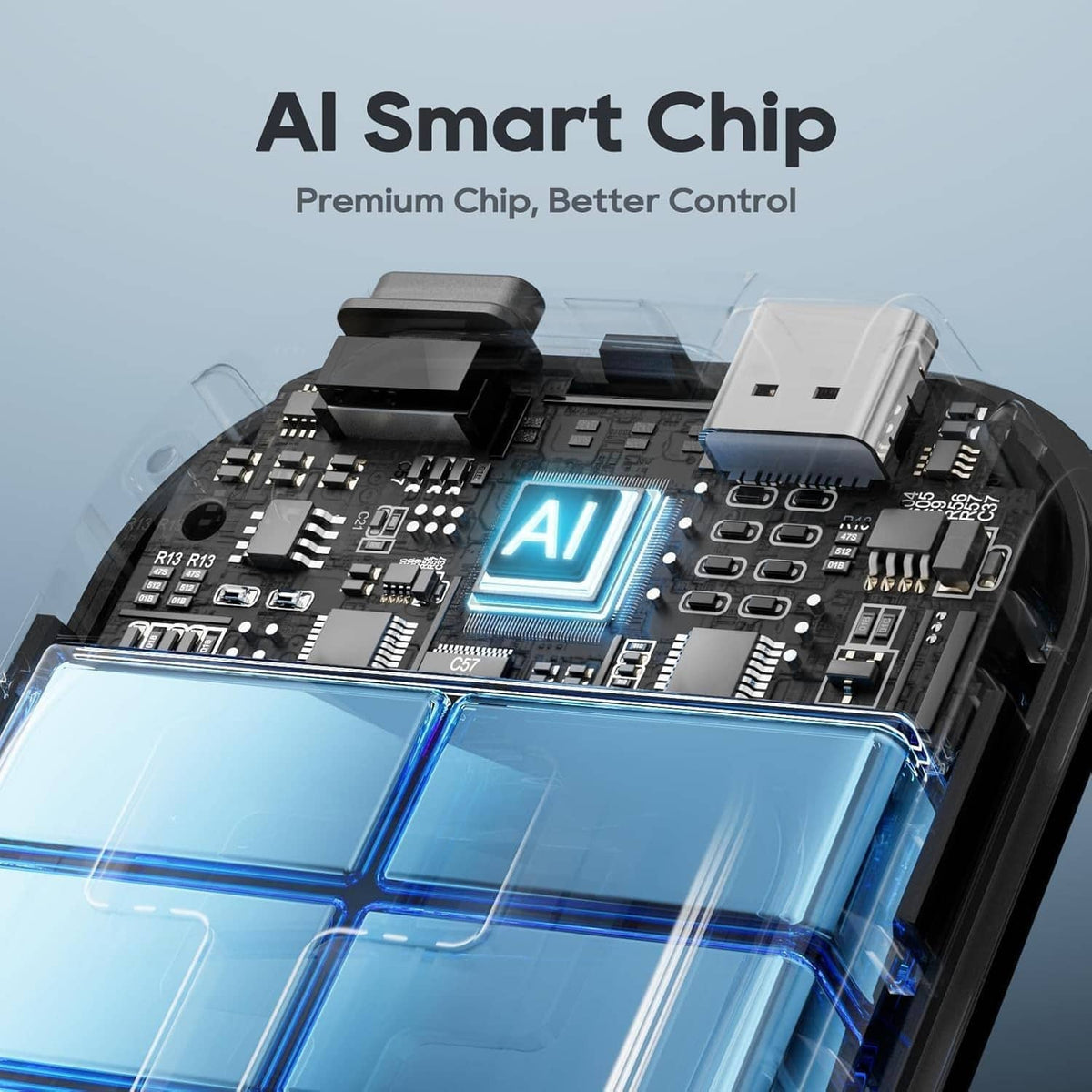 Hand warmer control circuit board with blue AI chip module and connectors