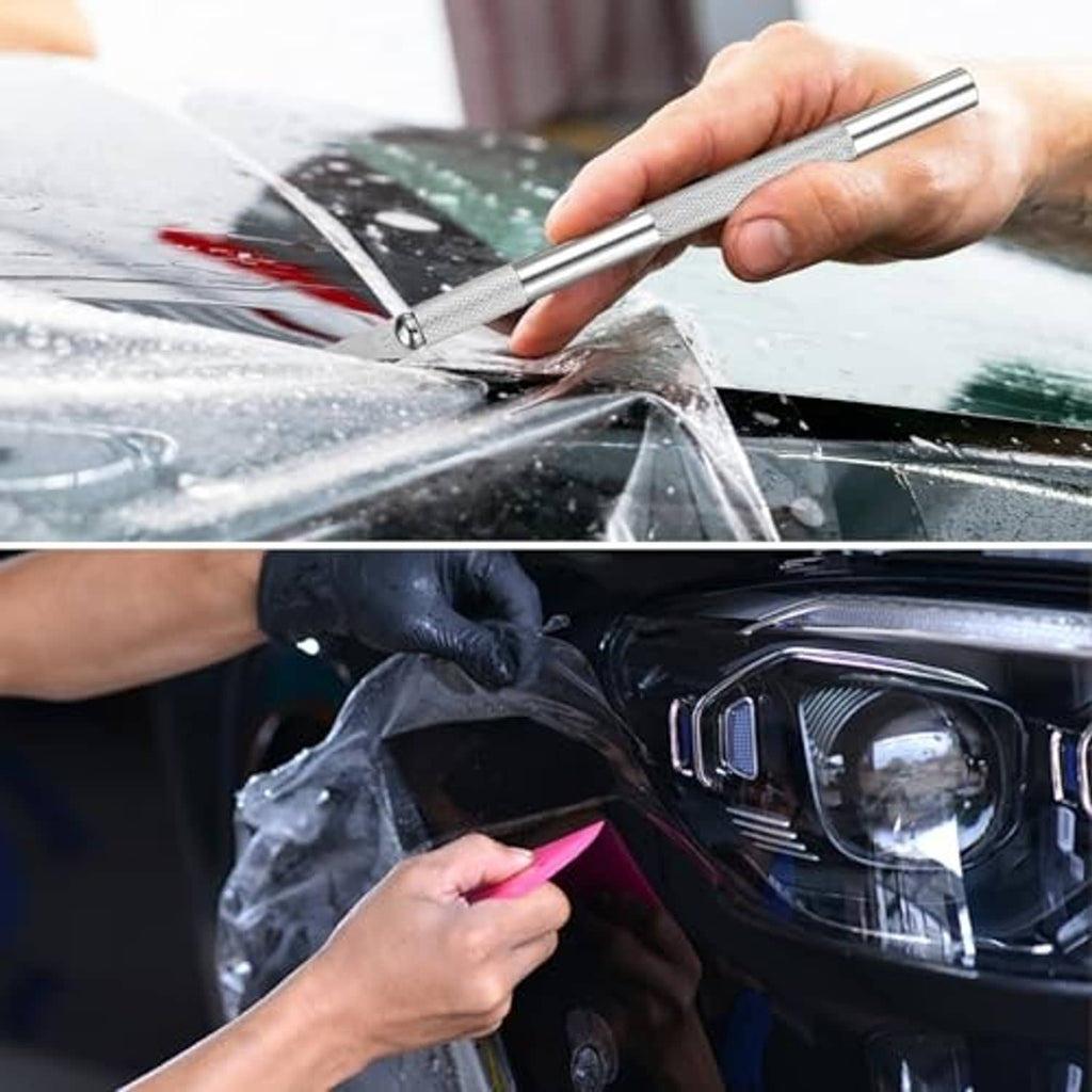 Metal scraper and squeegee used to apply vinyl film on a car windshield