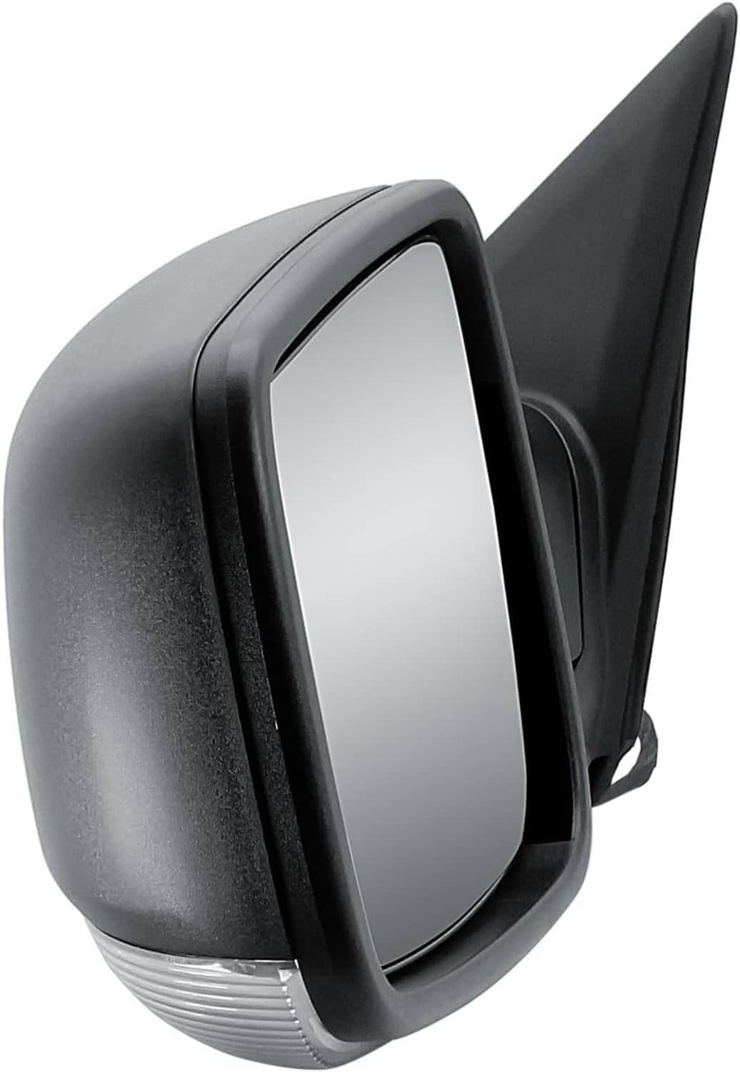 Left driver heated mirror with smooth black frame and visible lower signal strip