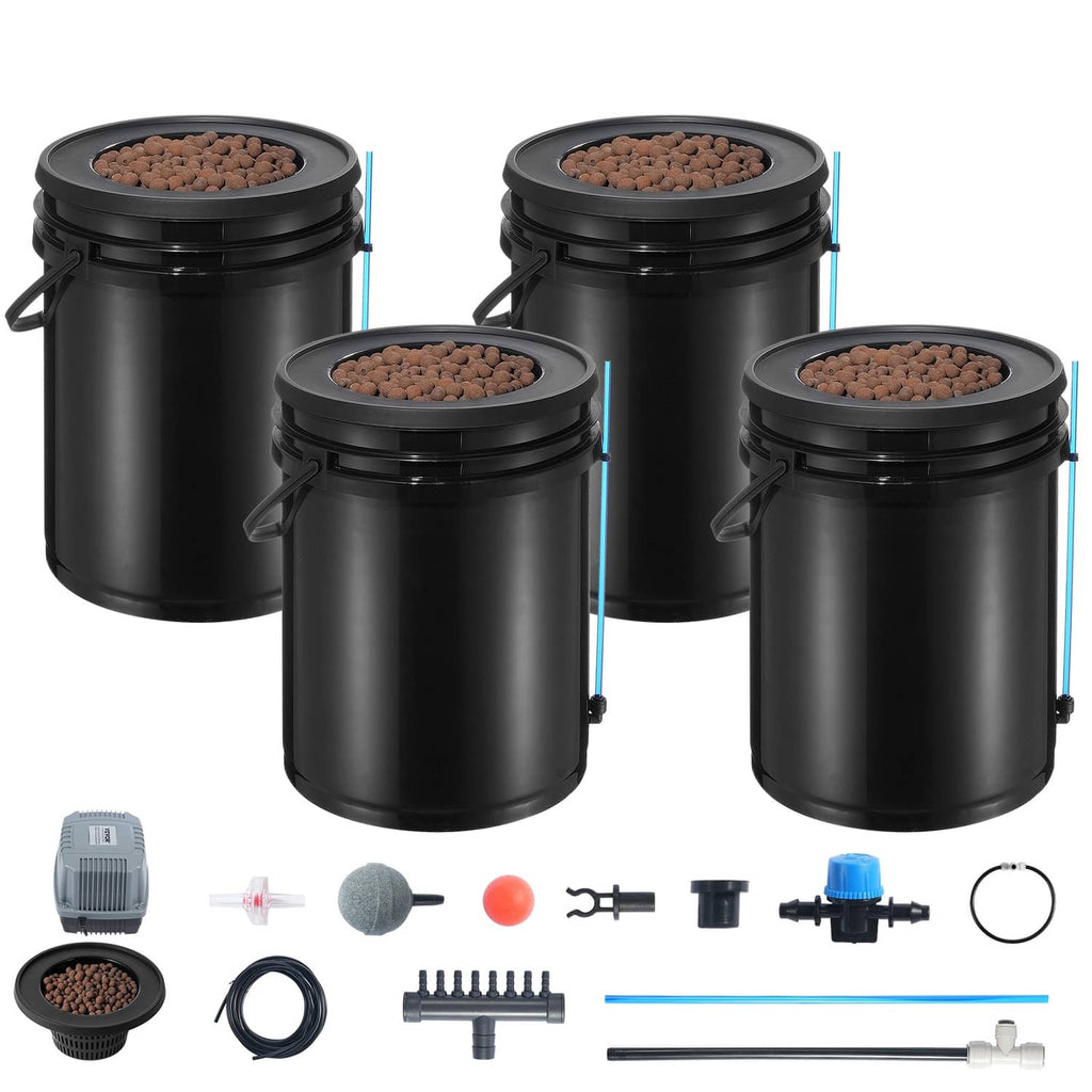 Four black DWC planting buckets with air pump, tubing, and air stone parts