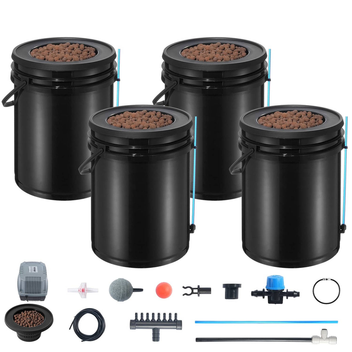 Four black DWC planting buckets with air pump, tubing, and air stone parts