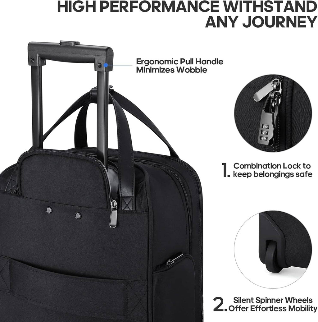 Black softside carry-on with ergonomic pull handle, lock details, and silent spinner wheels