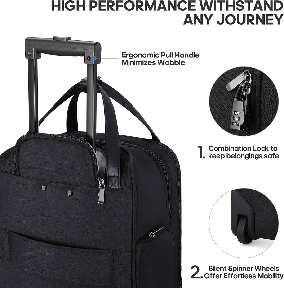 Black softside carry-on with ergonomic pull handle, lock details, and silent spinner wheels