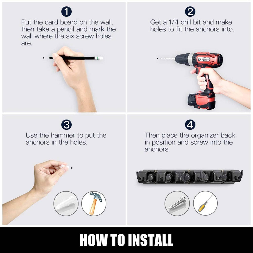 Installation of a wall-mounted mop and broom holder with drill and screws