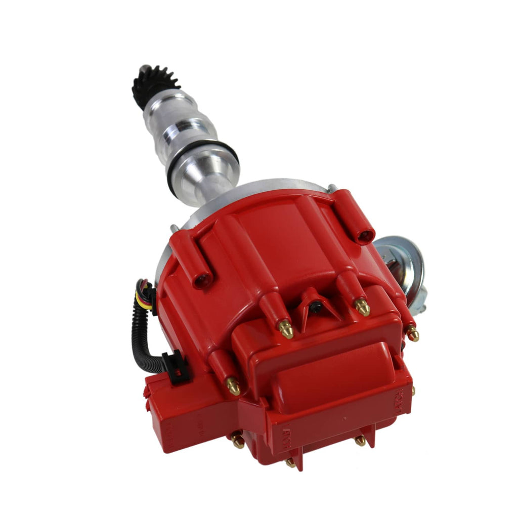 Red ignition distributor assembly with wiring connectors and metal drive stem