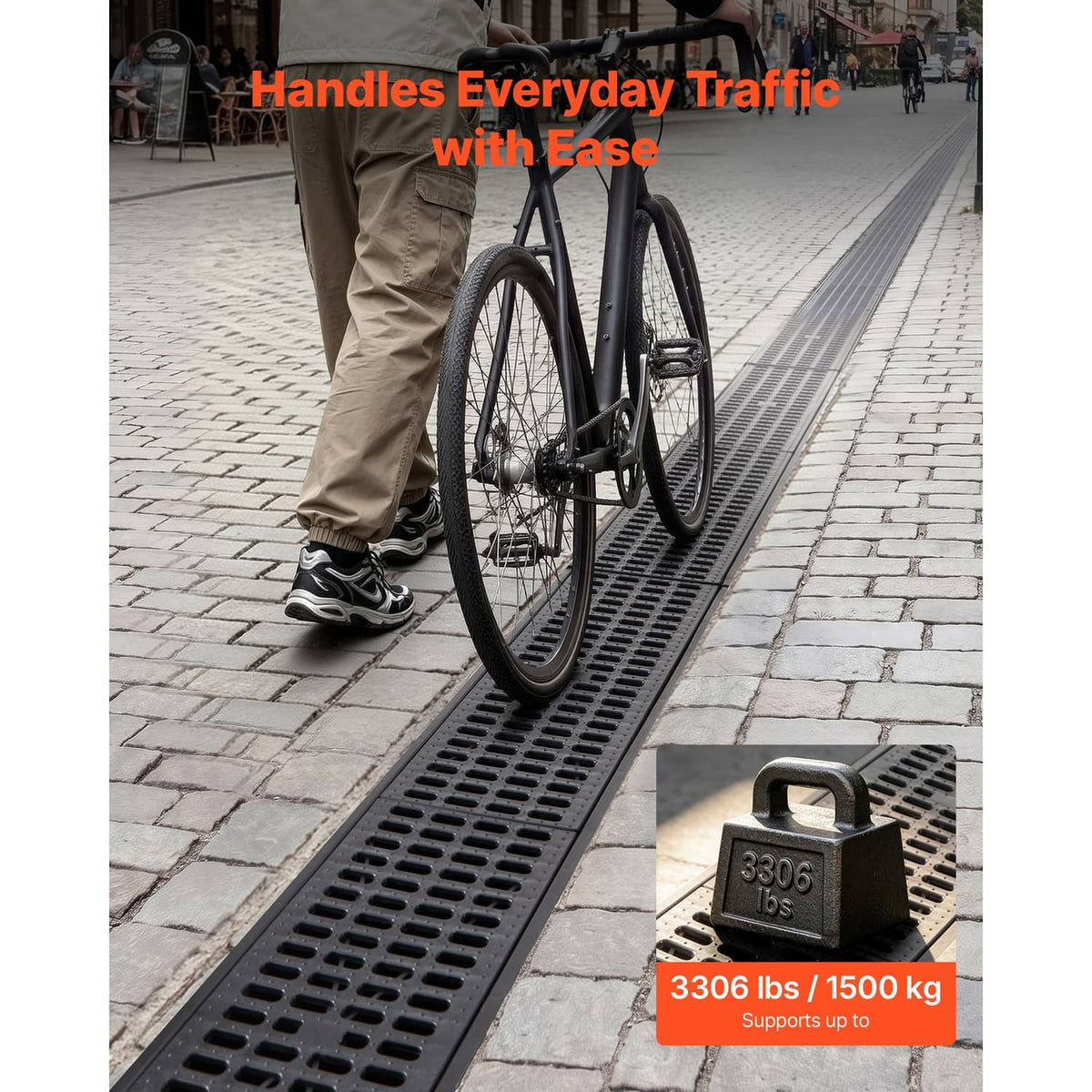 HDPE linear drainage channel in pavement with slotted grate, heavy foot traffic use