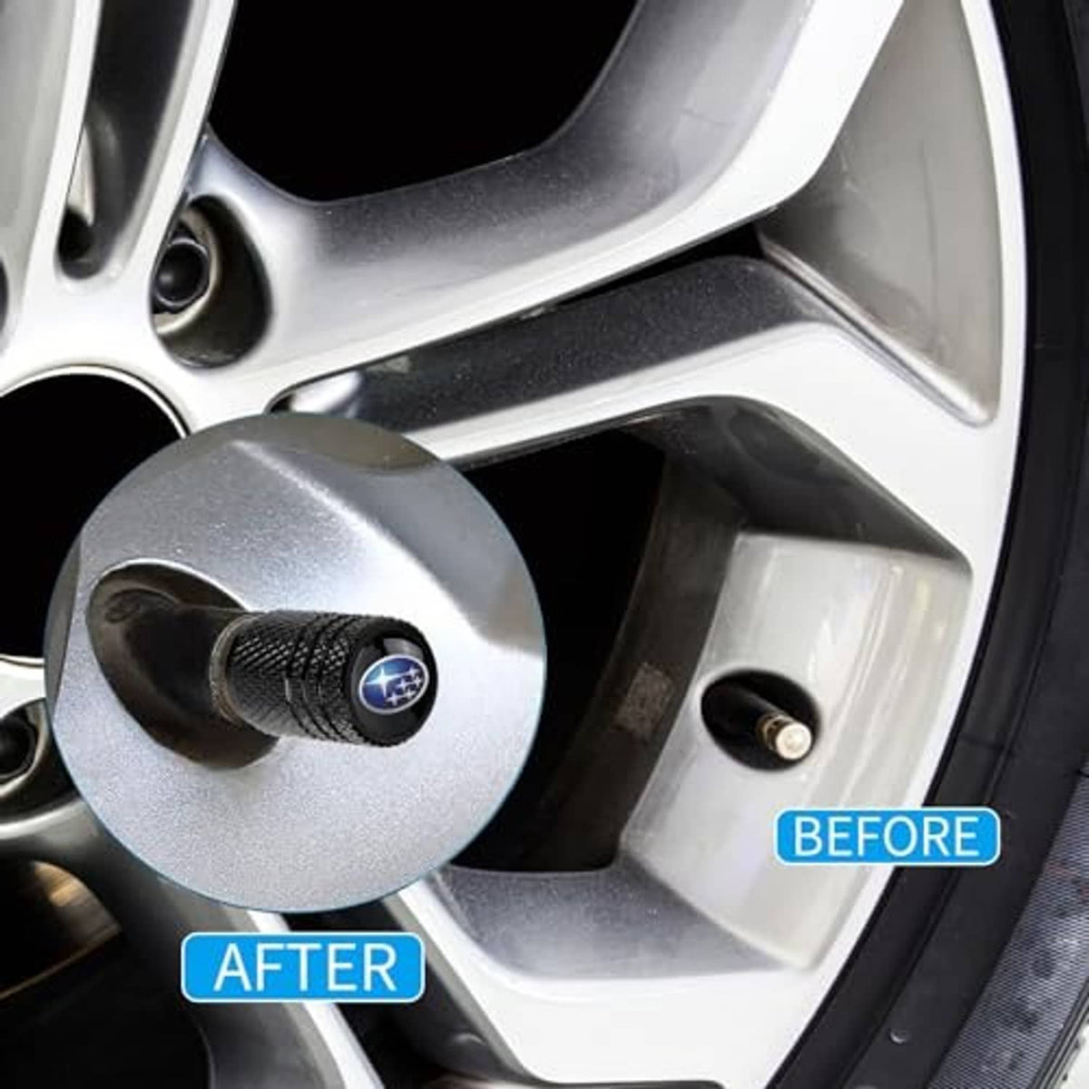 Black textured valve stem cap with blue Subaru star emblem installed on wheel rim.