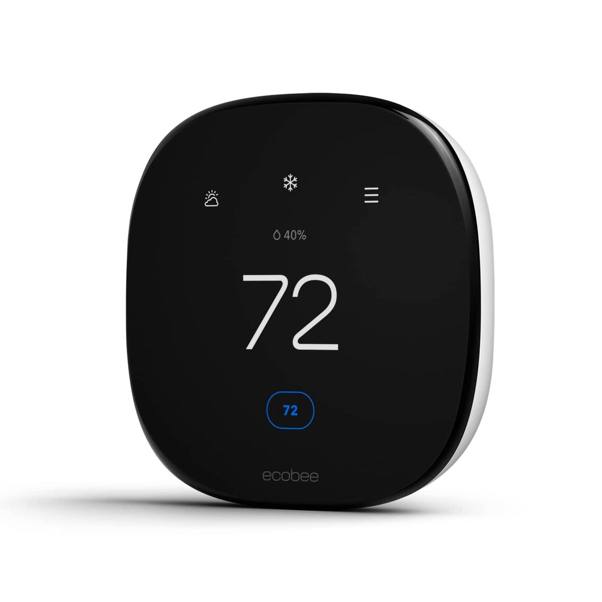 Black ecobee thermostat with round touchscreen showing 72 and status icons