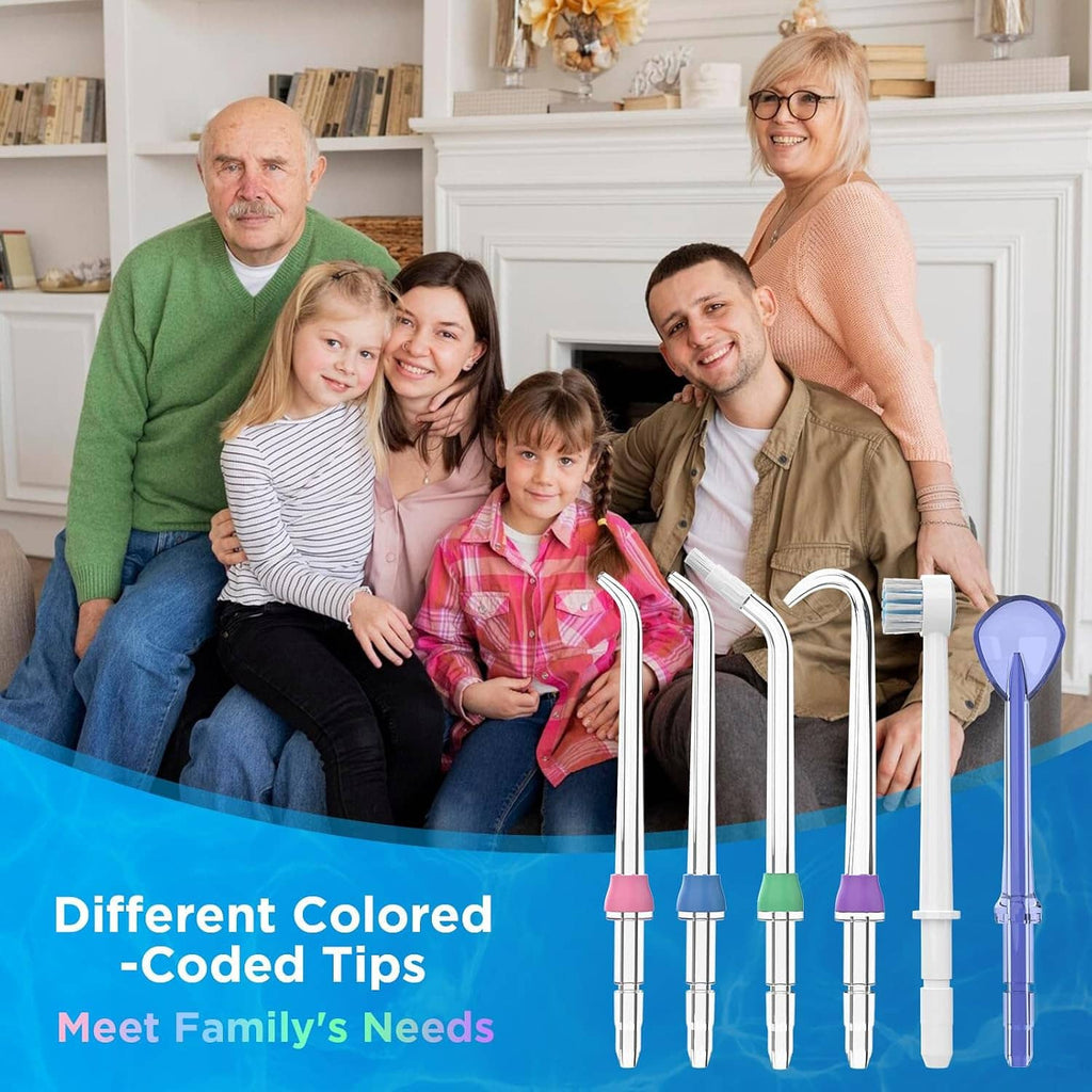 Water flosser replacement tips with color-coded nozzles shown for family use