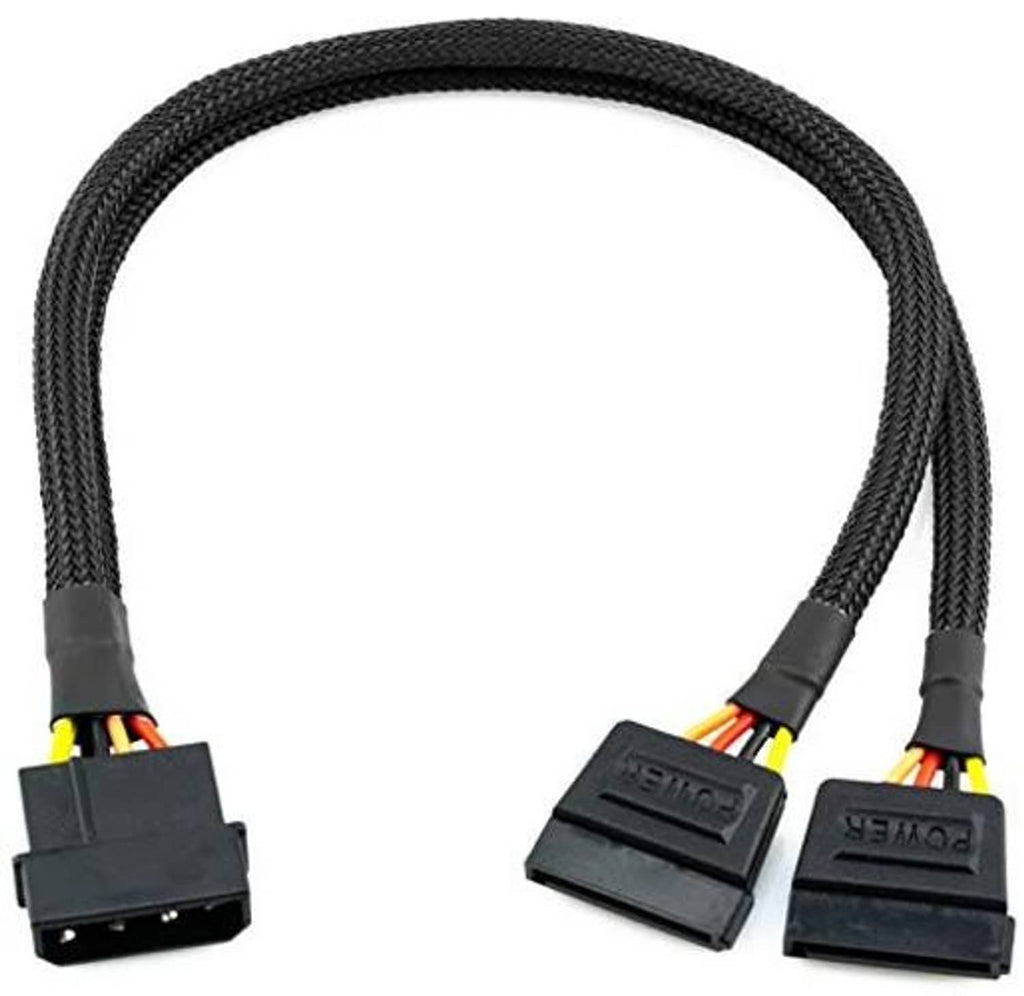 Dual SATA power adapter cable with two SATA connectors and orange and yellow wire accents