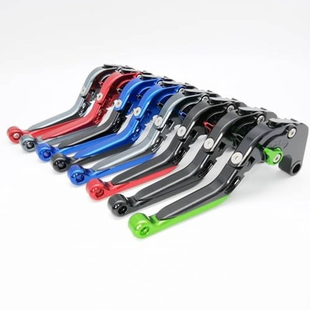 Motorcycle brake and clutch lever set with multiple colors: red, blue, black, green