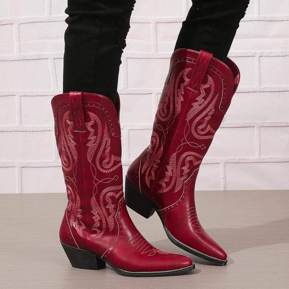 Women’s mid-calf cowboy boots, dark red with ornate embroidery and low block heel