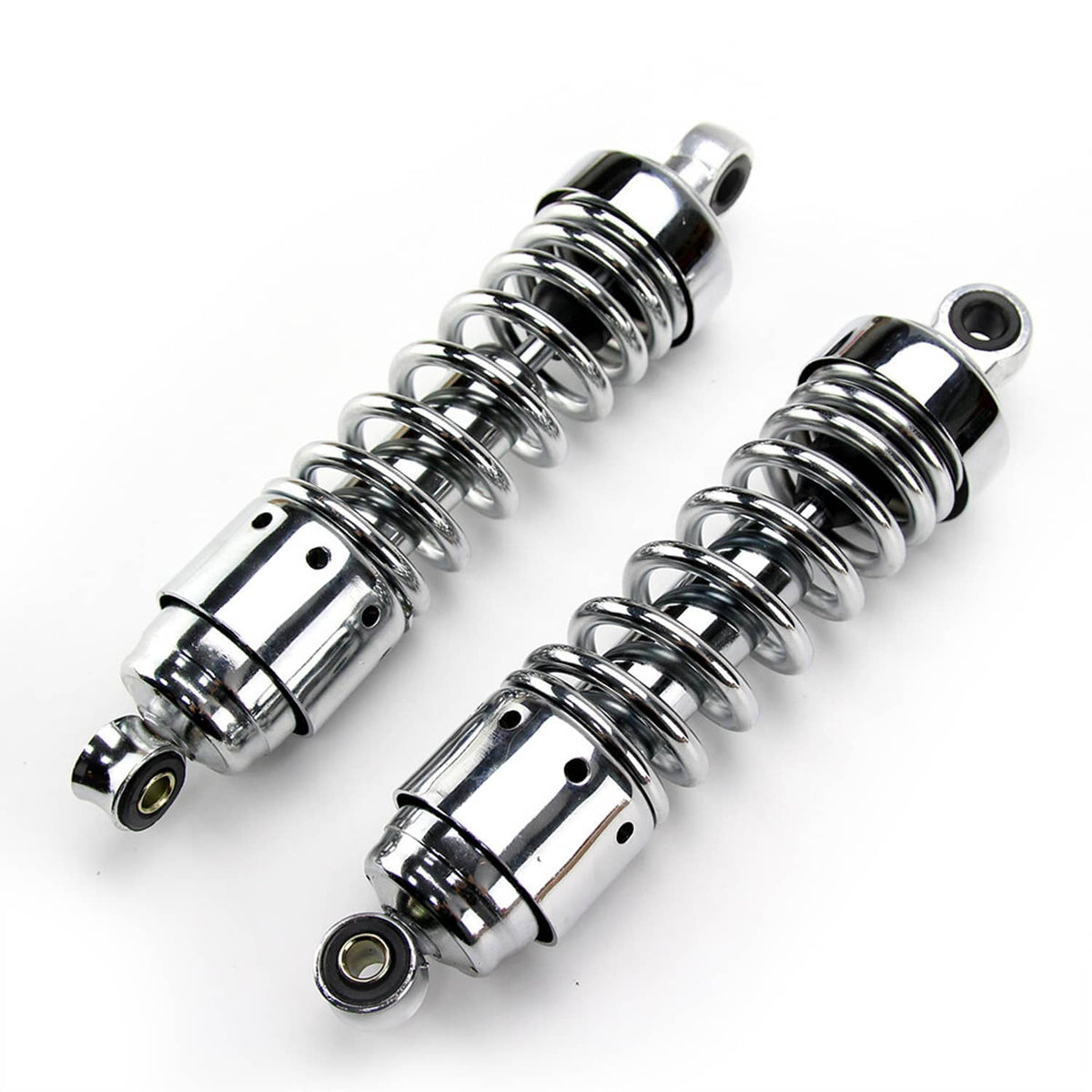 Pair of chrome rear shock absorbers with black coil springs and mounting bushings.