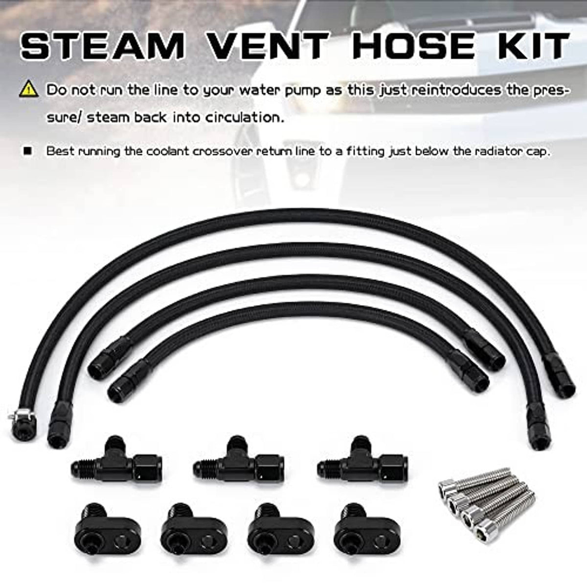 Black braided steam vent hose kit with AN connectors and mounting hardware