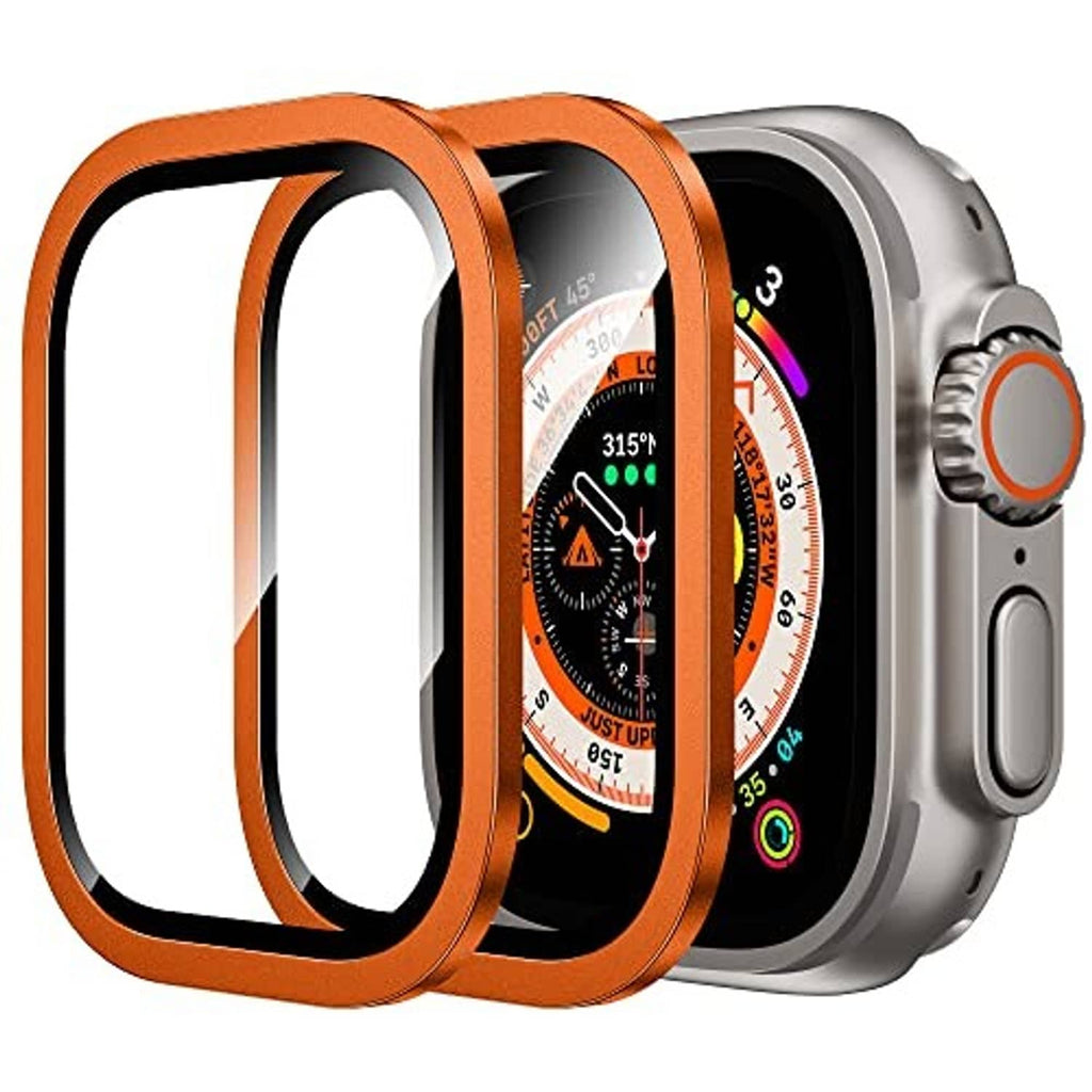 Orange protective bumper case for Apple Watch Ultra, front and side view