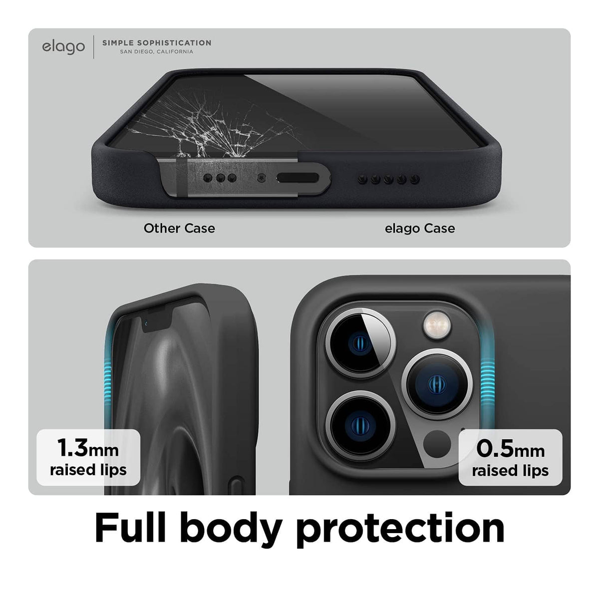 Black liquid silicone case with 1.3mm raised lip and 0.5mm raised camera bezel