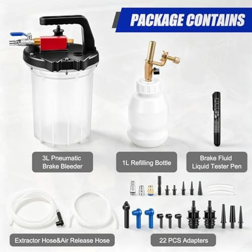 Brake bleeder pump kit package contents: vacuum pump, 1L bottle, tester pen, adapters