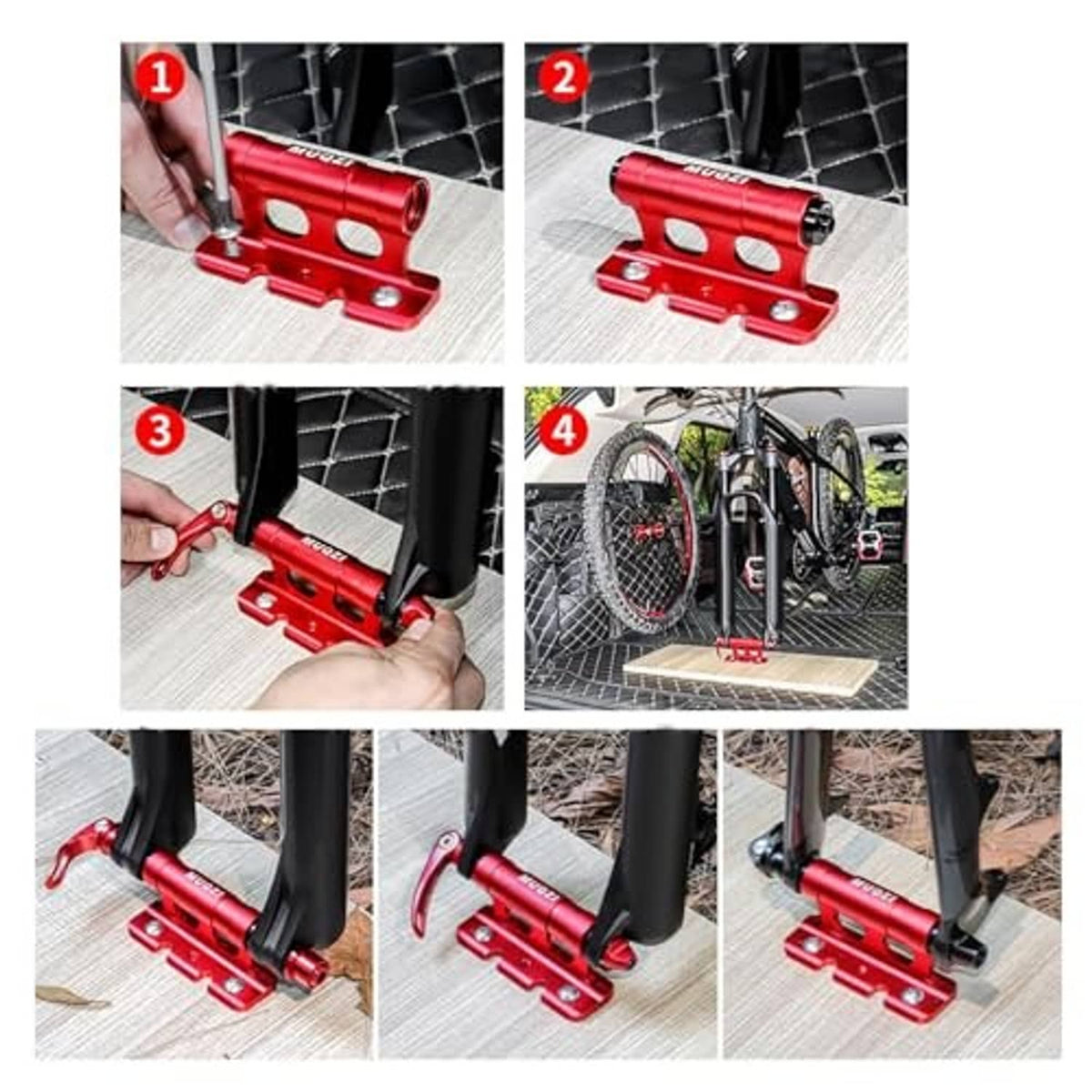 Red fork mount installation steps with bolts and brackets on a roof rack