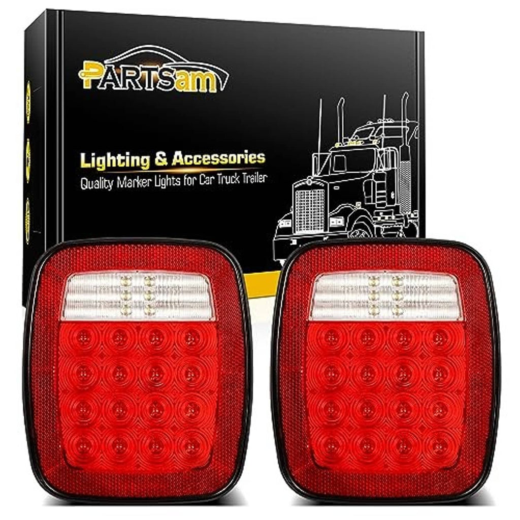 Front view pair of red square LED tail brake turn lights with two white light bars