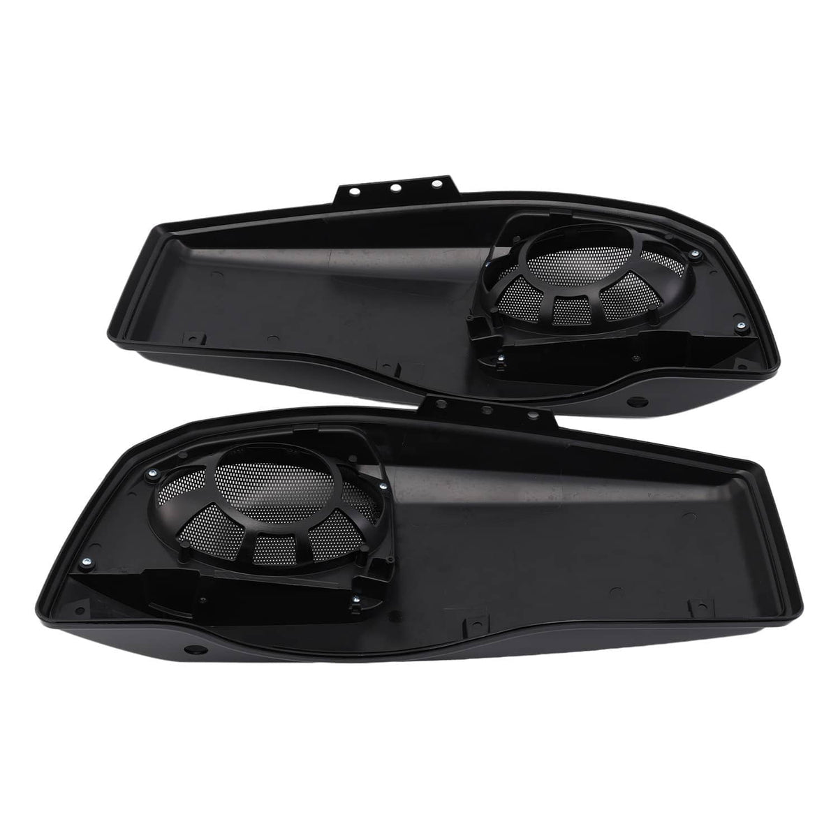 Black speaker lid covers showing underside mounting plates and installed grilles