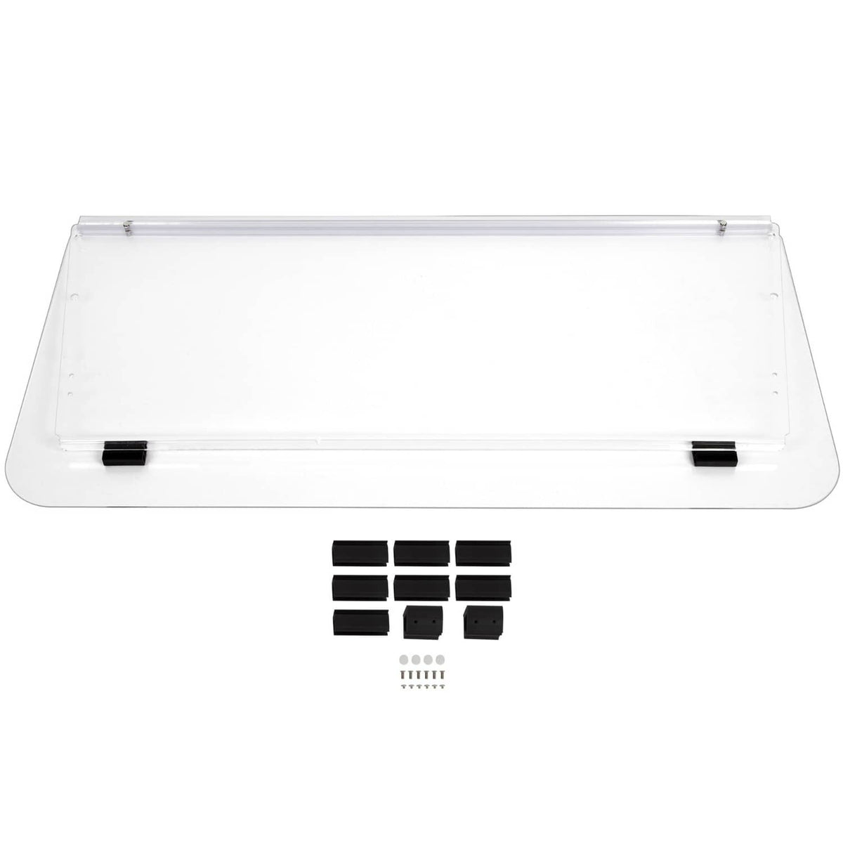 Clear polycarbonate windshield panel with included black brackets and hardware