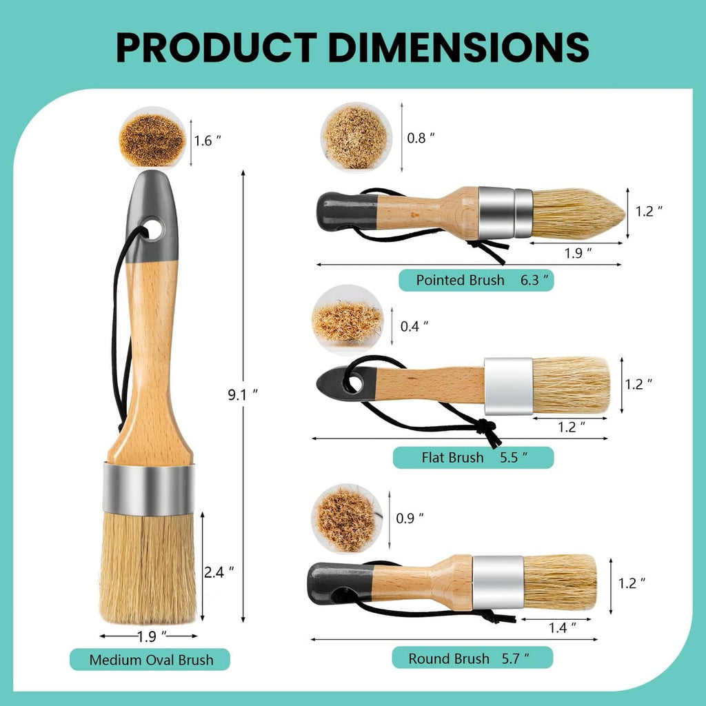 Assorted chalk paint brushes with rounded wood handles and metal bands, on layout