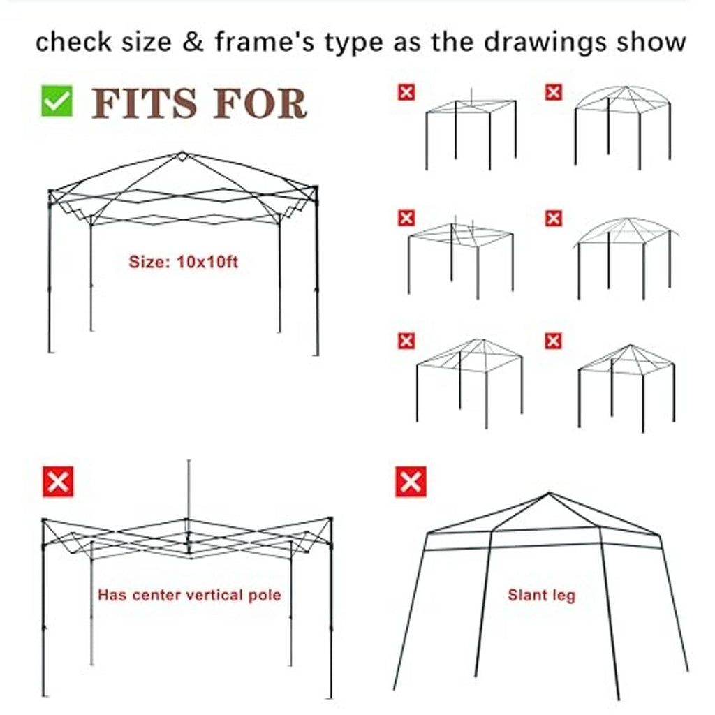 Canopy top fit diagram for 10x10 frame, showing correct compatible structure
