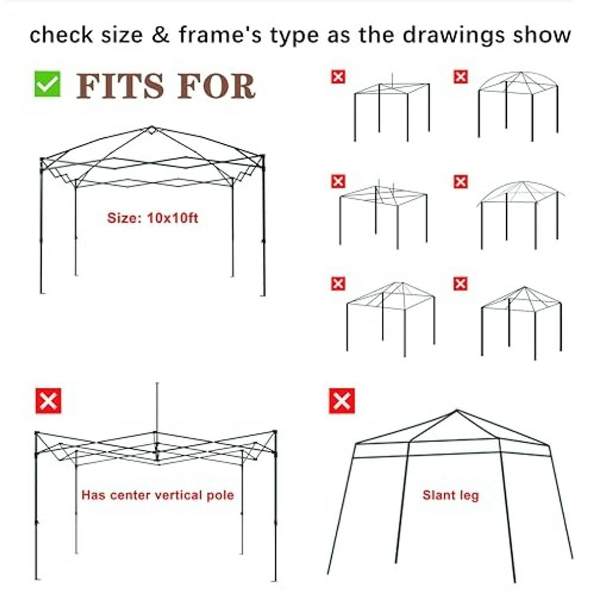Canopy top fit diagram for 10x10 frame, showing correct compatible structure