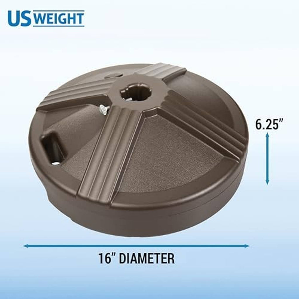 Brown round umbrella base with central opening and side handhold, 16-inch diameter
