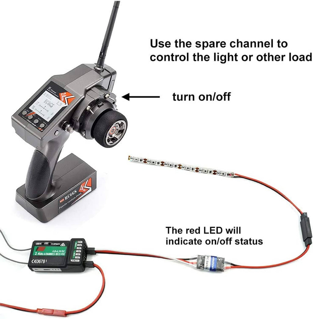 RC on/off relay switch with remote controller, LED indicator, and output wiring