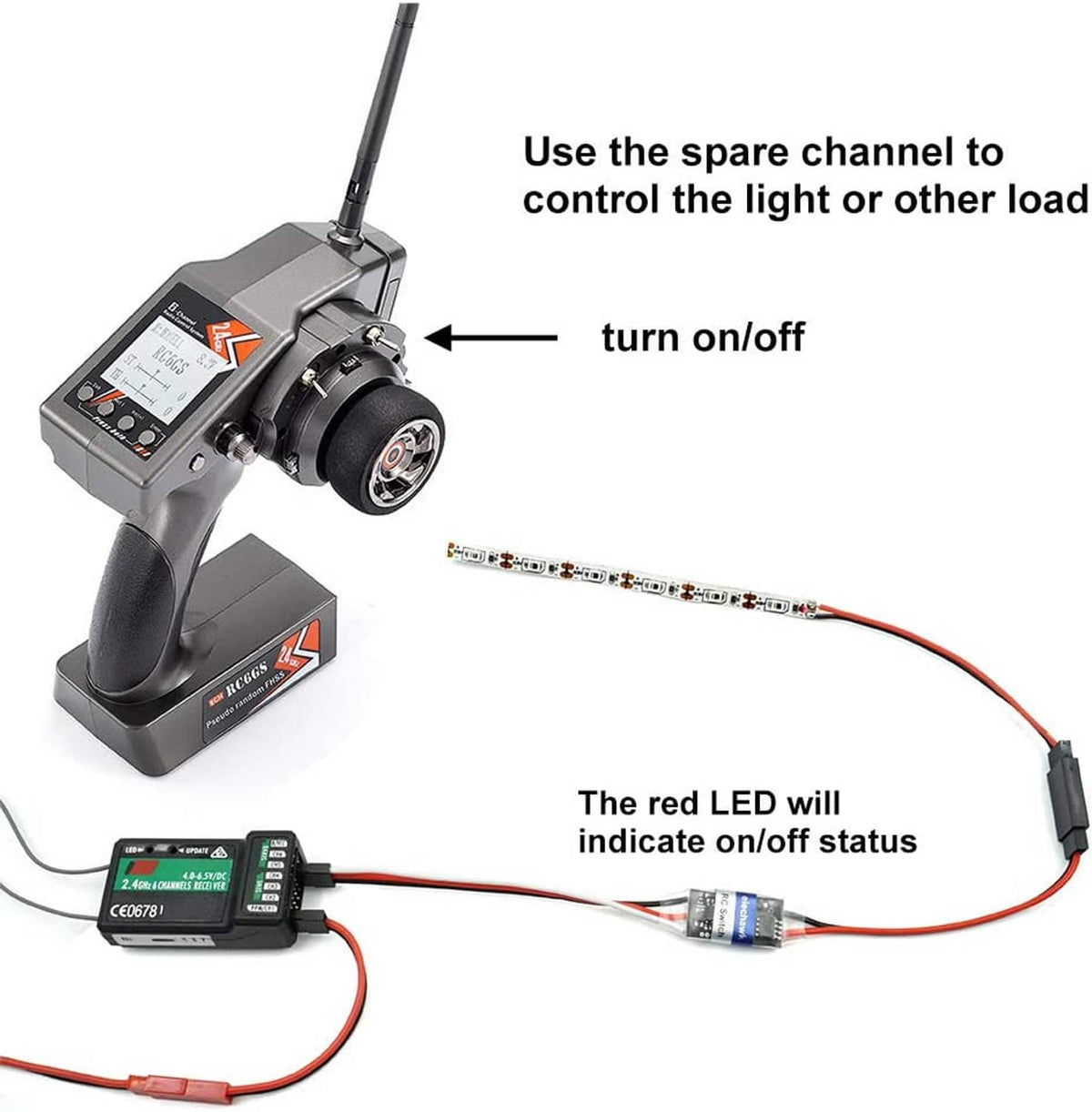 RC on/off relay switch with remote controller, LED indicator, and output wiring