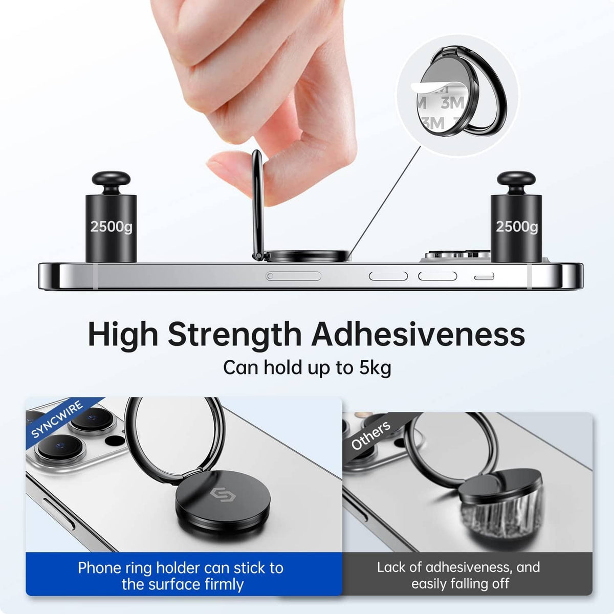 Black phone finger ring holder stand with adhesive base and circular ring top